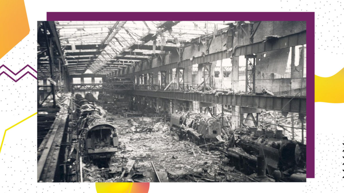 Blick auf das zertrümmerte Eisenbahnausbesserungswerk 1944