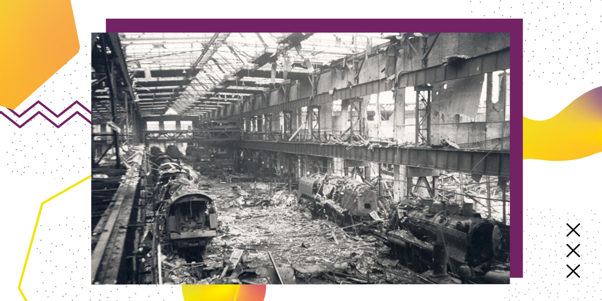 Blick auf das zertrümmerte Eisenbahnausbesserungswerk 1944