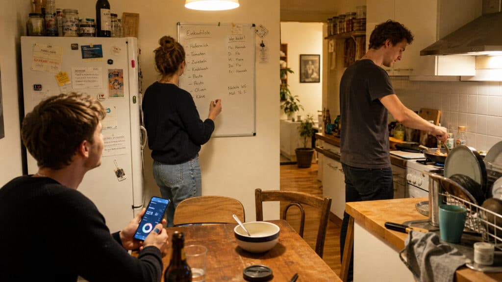 Drei Studierende stehen und sitzen in einer WG-Küche, kochen gemeinsam, schreiben eine Einkaufsliste und schauen auf eine Finanz-App auf dem Smartphone.