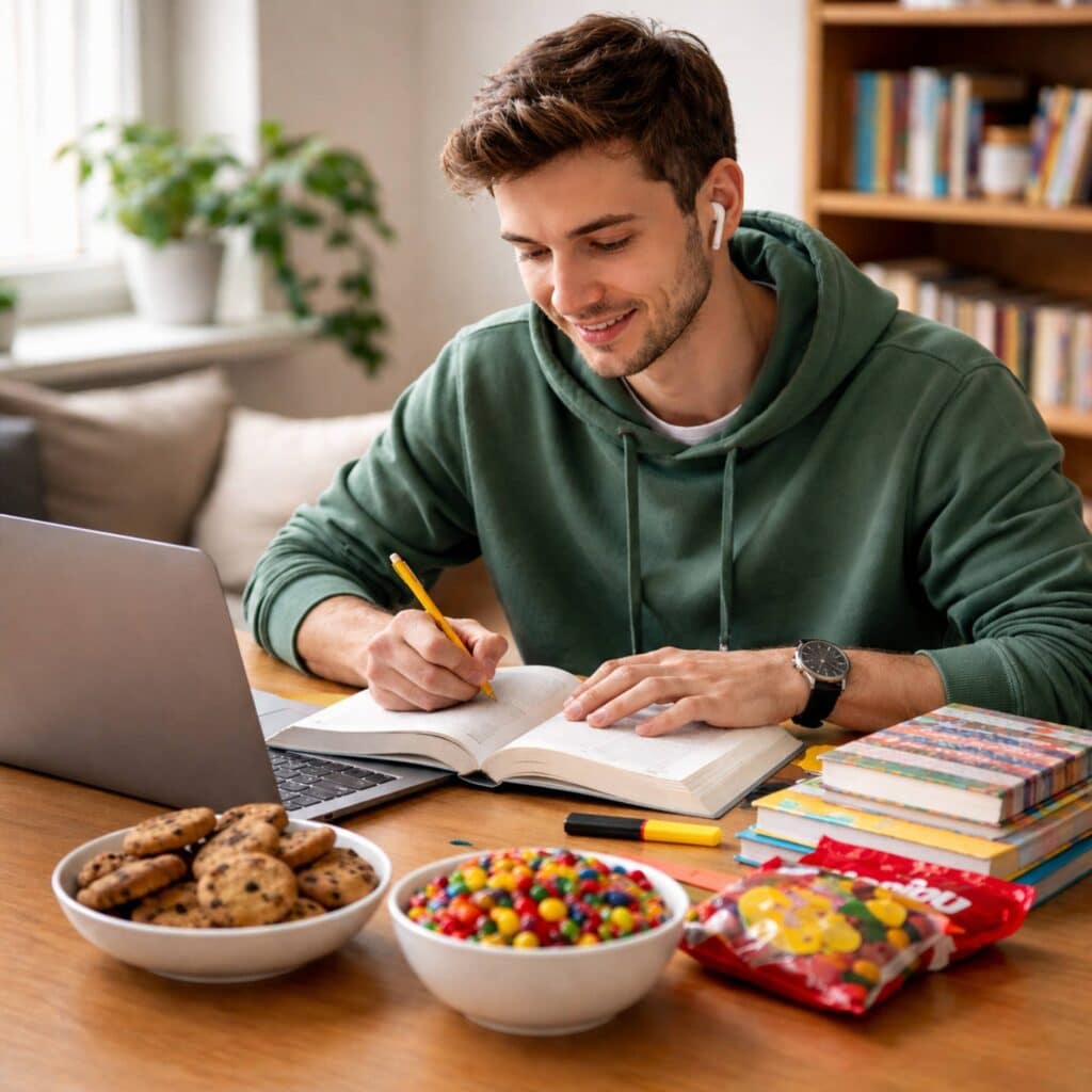 Student lernt am Schreibtisch und hat mehrere Süßigkeiten auf seinem Schreibtisch. Verdeutlicht die Menge an Zucker die ein Student während des Lernens zu sich nimmt.