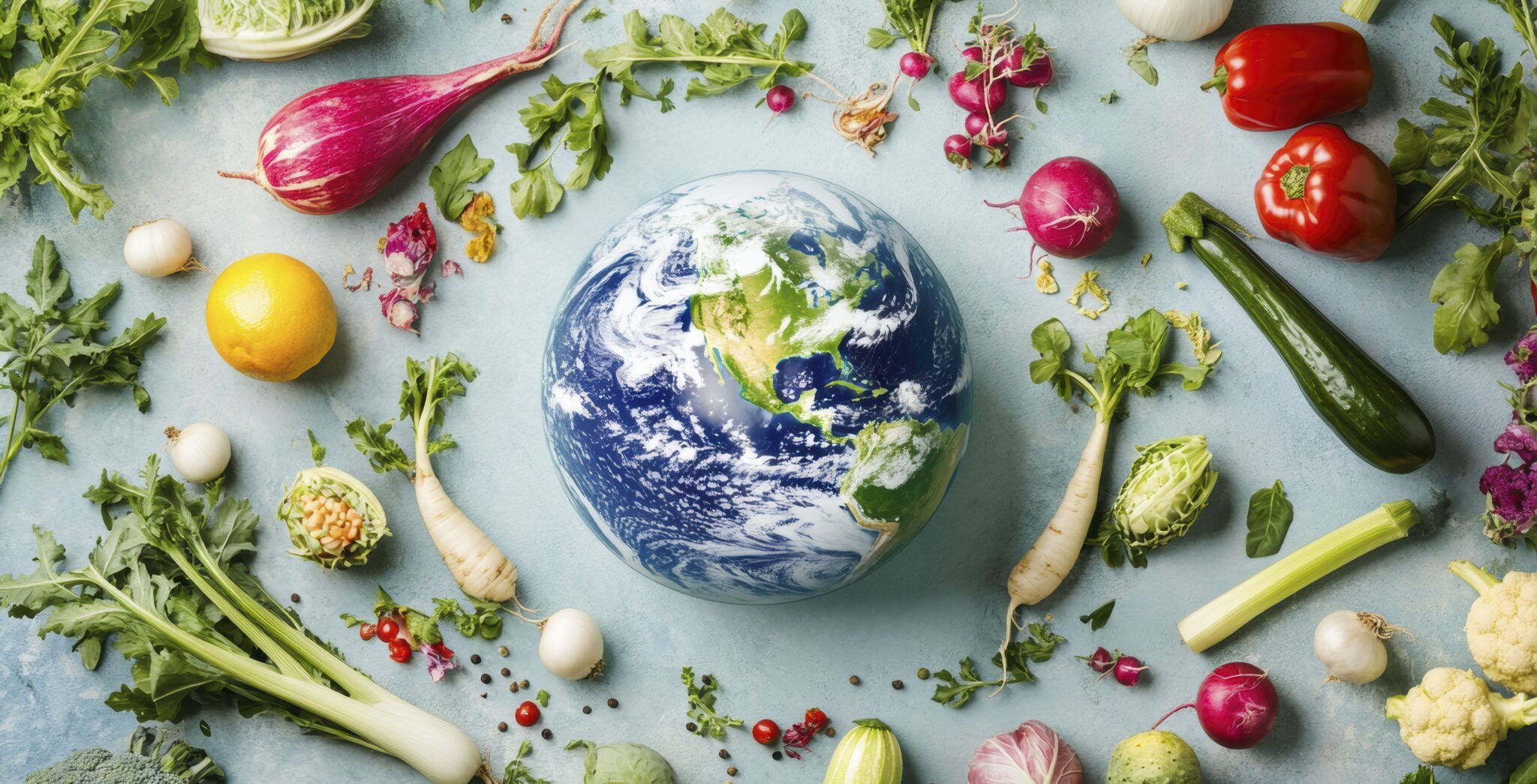 Globus in der Mitte, umgeben von frischem Gemüse wie Radieschen, Zucchini, Paprika und Kräutern – Symbol für nachhaltige Ernährung und den Einfluss unserer Lebensmittelwahl auf die Umwelt